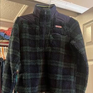 Vineyard Vines Black and Green Plaid Fleece Hoodie